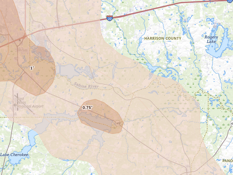 Radar-estimated hail-size map of the storm over Hallsville, TX on Mar 15, 2026