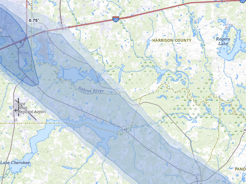 NEXRAD radar-signature map of the hail over Hallsville, TX