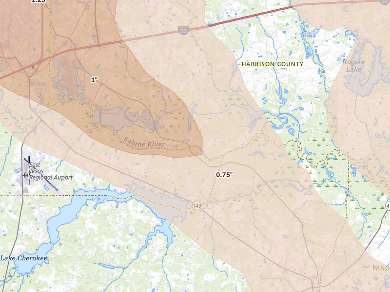 Radar-estimated hail-size map of the storm over Hallsville, TX on Apr 24, 2026