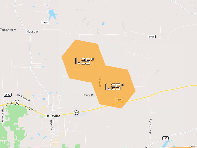 Hail map of Hallsville, TX on Jun 2, 2026, hail up to 1.25"