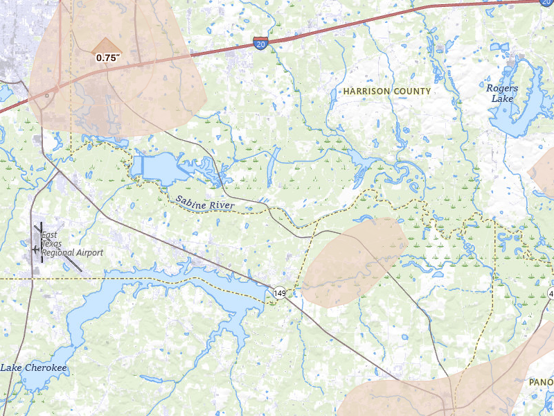 Radar-estimated hail-size map of the storm over Hallsville, TX on Jul 6, 2026