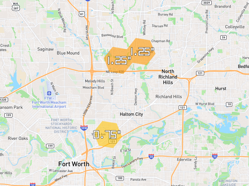 Hail map of Haltom City, TX on Jun 2, 2026, hail up to 1.25"