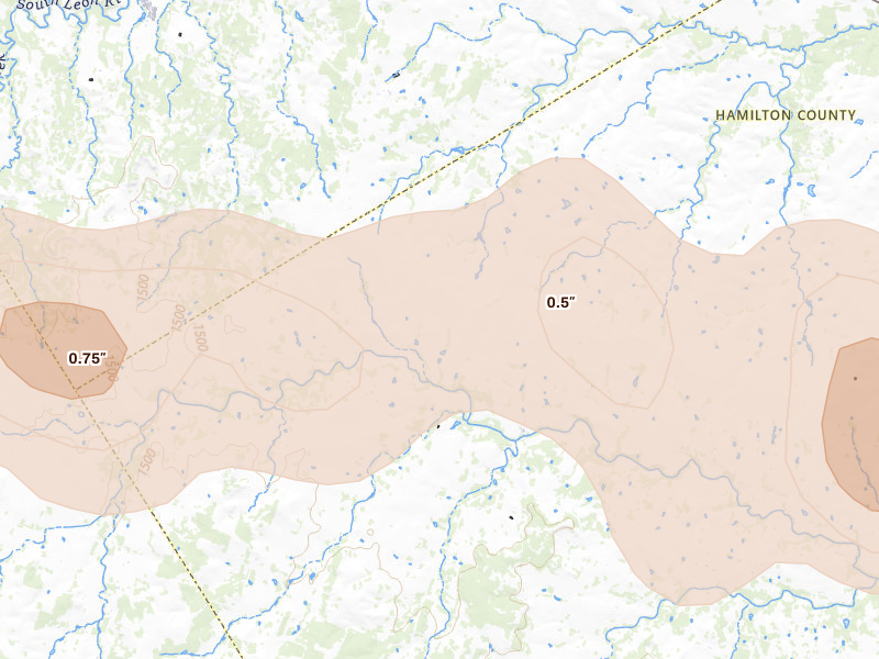 Radar-estimated hail-size map of the storm over Hamilton, TX on Apr 18, 2026