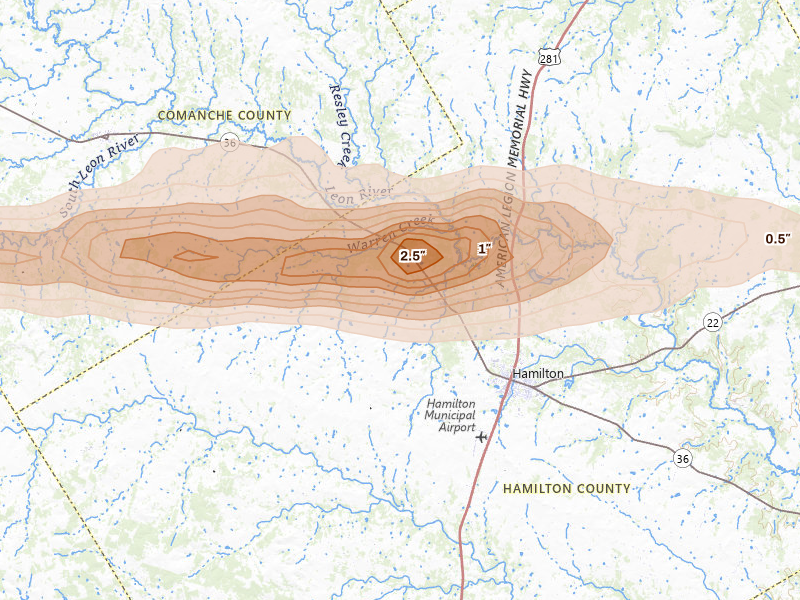 Radar-estimated hail-size map of the storm over Hamilton, TX on Apr 29, 2026