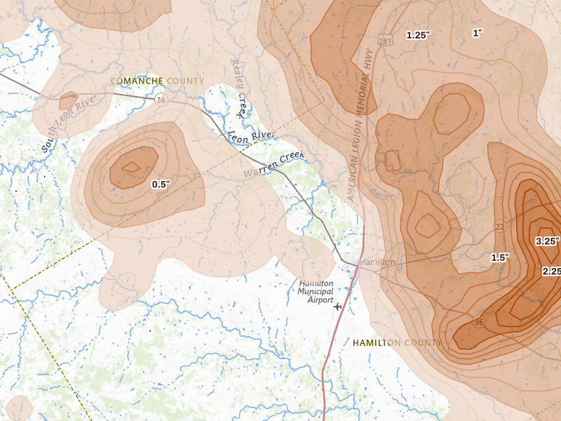 Radar-estimated hail-size map of the storm over Hamilton, TX on May 10, 2026