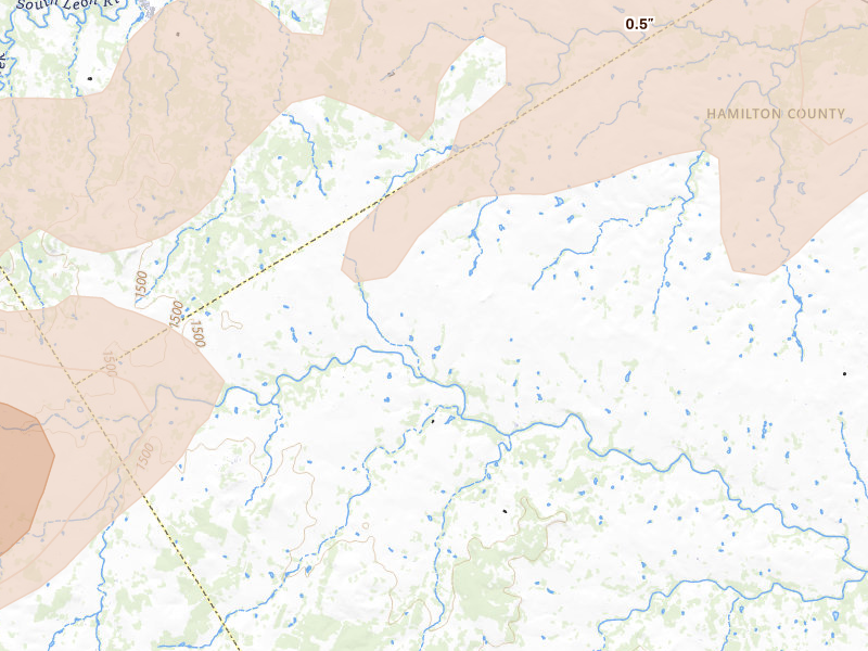 Radar-estimated hail-size map of the storm over Hamilton, TX on Jun 6, 2026