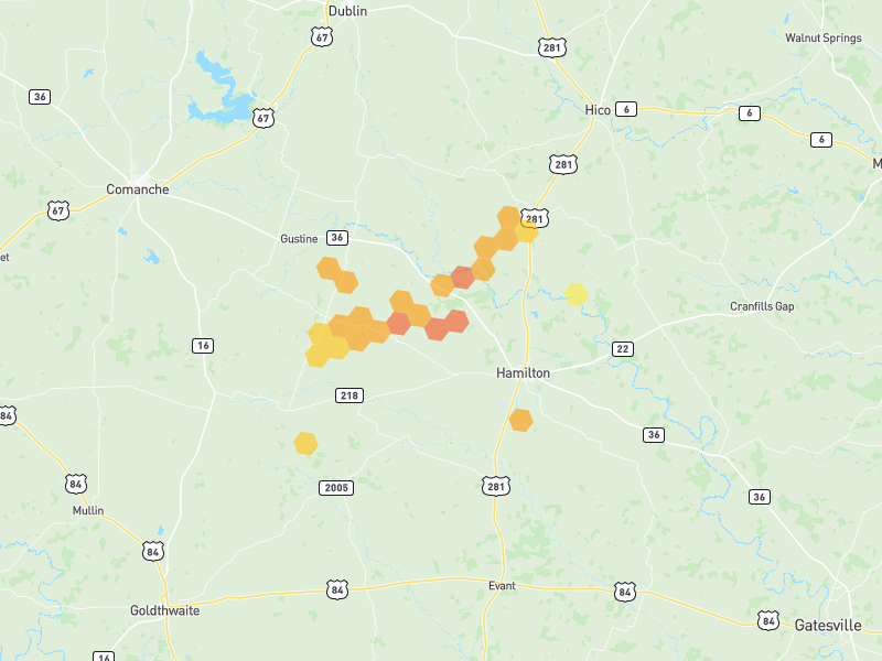 Hail map of Hamilton, TX on Jun 6, 2026, hail up to 1.5"