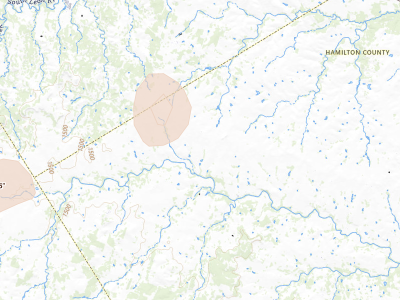 Radar-estimated hail-size map of the storm over Hamilton, TX on Jul 6, 2026