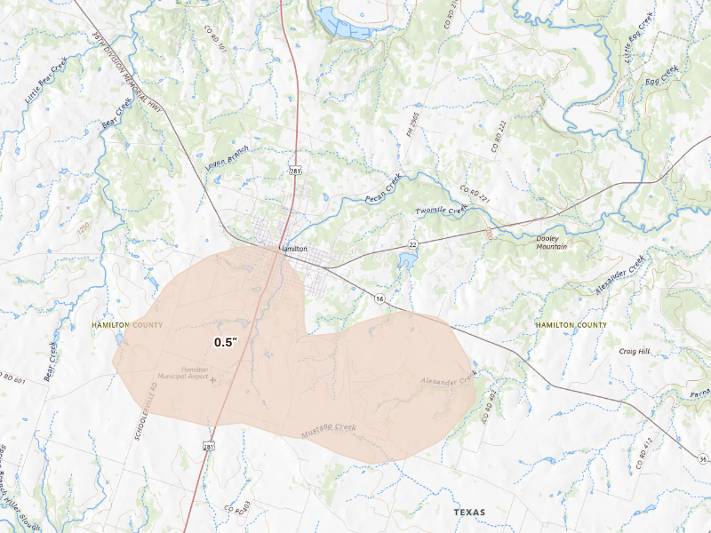 Radar-estimated hail-size map of the storm over Hamilton, TX