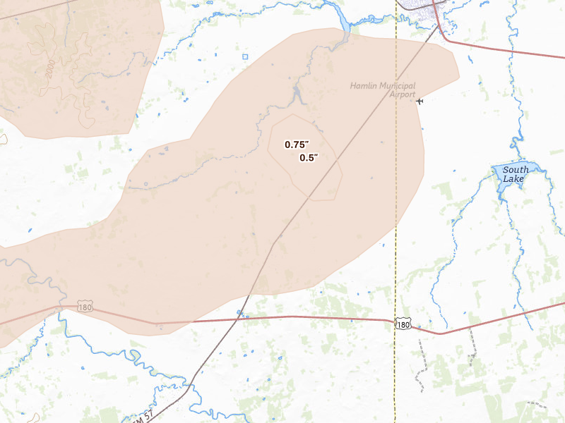 Radar-estimated hail-size map of the storm over Hamlin, TX on May 22, 2026
