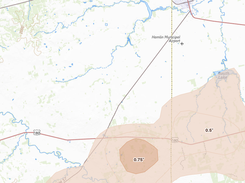 Radar-estimated hail-size map of the storm over Hamlin, TX on Jul 5, 2026
