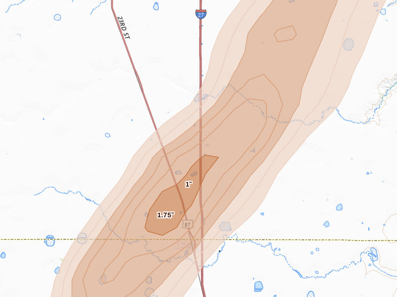 Radar-estimated hail-size map of the storm over Happy, TX on May 29, 2026