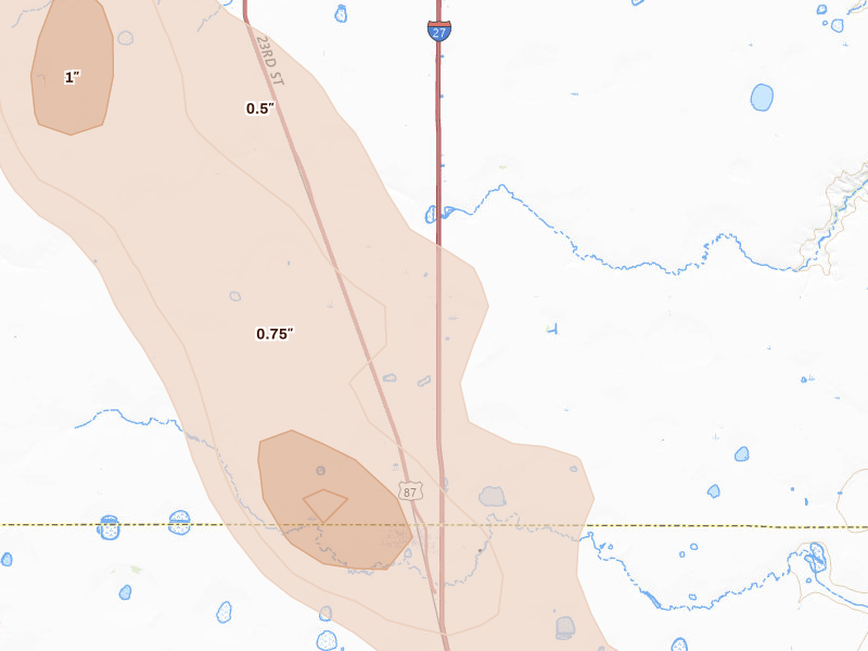 Radar-estimated hail-size map of the storm over Happy, TX on Jun 23, 2026
