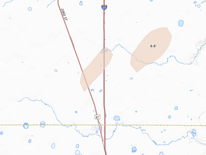 Radar-estimated hail-size map of the storm over Happy, TX on Jun 29, 2026