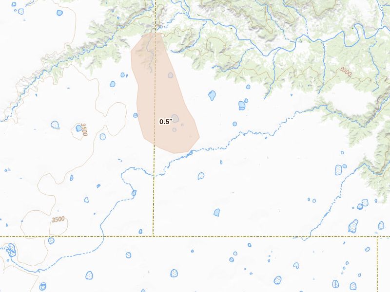 Radar-estimated hail-size map of the storm over Happy, TX on Aug 6, 2026