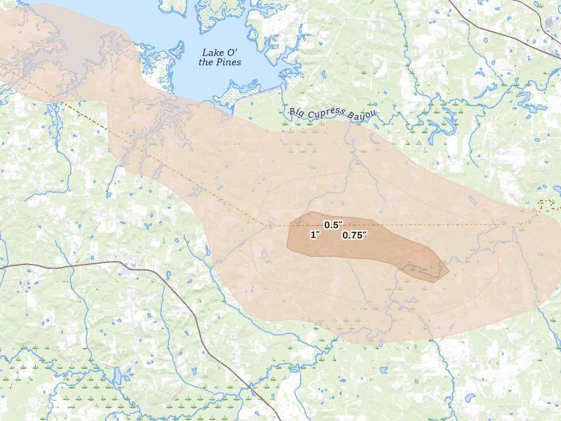 Radar-estimated hail-size map of the storm over Harleton, TX on May 8, 2026