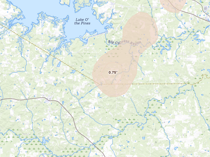 Radar-estimated hail-size map of the storm over Harleton, TX on Jul 4, 2026