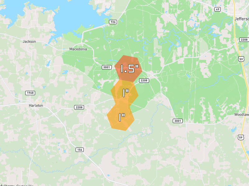 Hail map of Harleton, TX on Jul 5, 2026, hail up to 1.5"