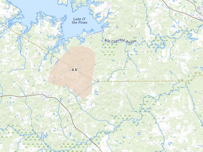 Radar-estimated hail-size map of the storm over Harleton, TX on Jul 7, 2026
