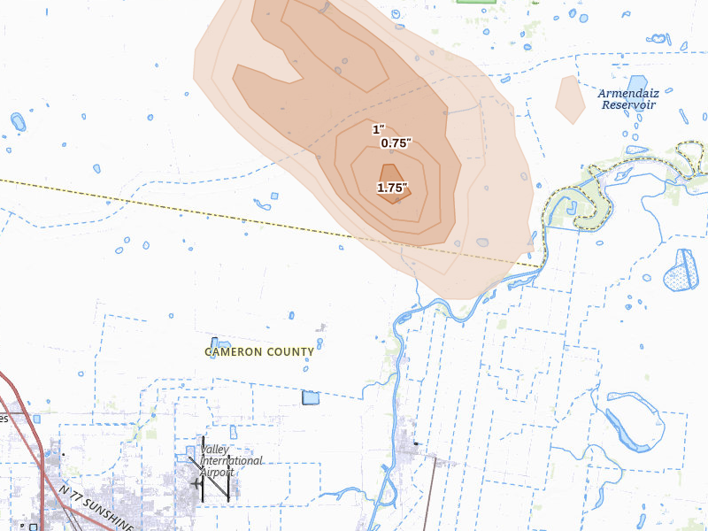 Radar-estimated hail-size map of the storm over Harlingen, TX on Mar 1, 2026