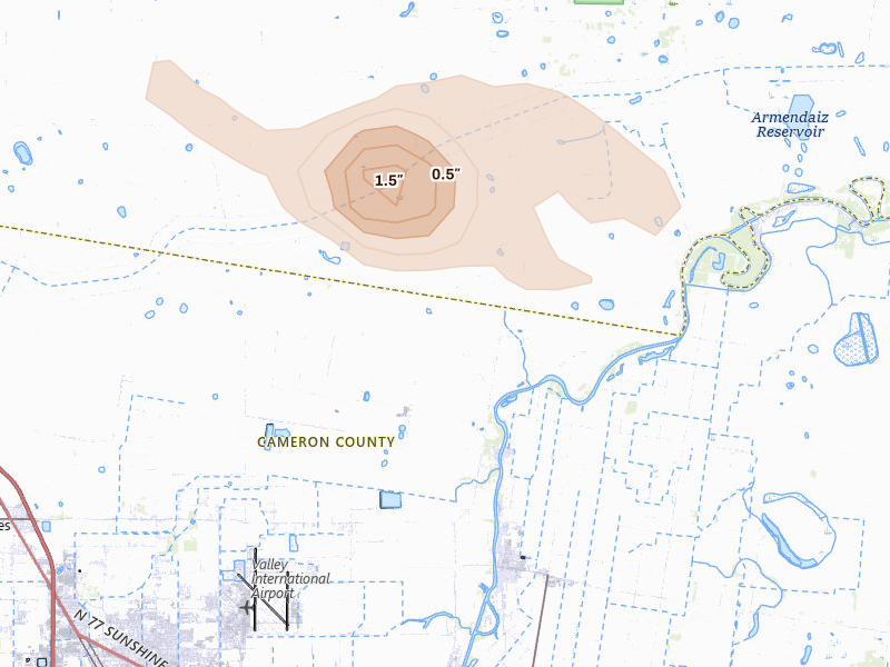 Radar-estimated hail-size map of the storm over Harlingen, TX on Apr 29, 2026