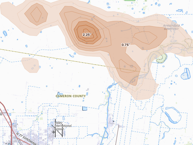 Radar-estimated hail-size map of the storm over Harlingen, TX on May 30, 2026