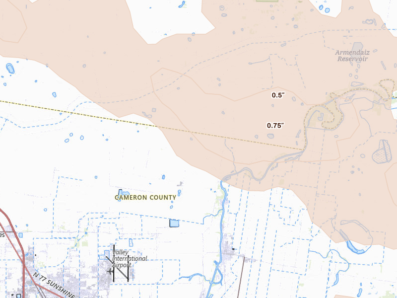 Radar-estimated hail-size map of the storm over Harlingen, TX on Jul 20, 2026