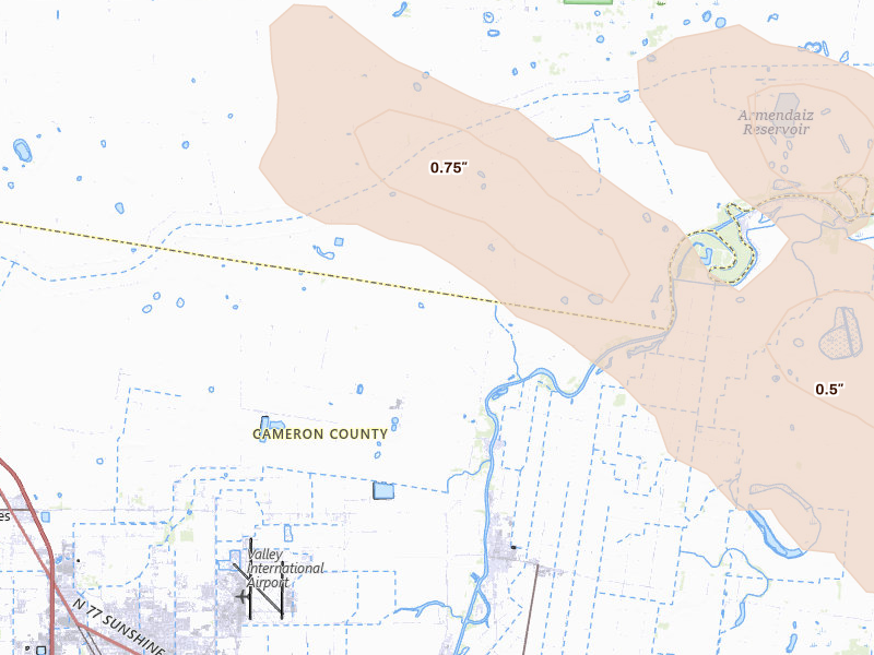 Radar-estimated hail-size map of the storm over Harlingen, TX on Jul 22, 2026