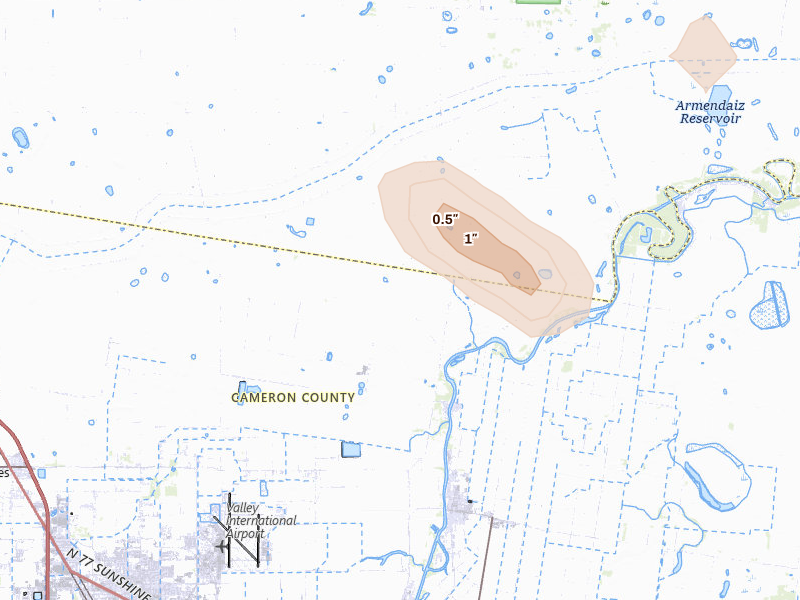 Radar-estimated hail-size map of the storm over Harlingen, TX on Aug 1, 2026