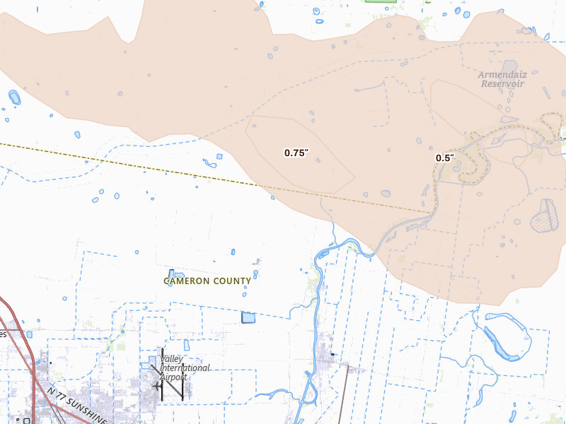 Radar-estimated hail-size map of the storm over Harlingen, TX on Aug 22, 2026