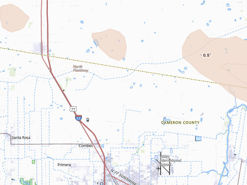 Radar-estimated hail-size map of the storm over Harlingen, TX on Aug 23, 2026