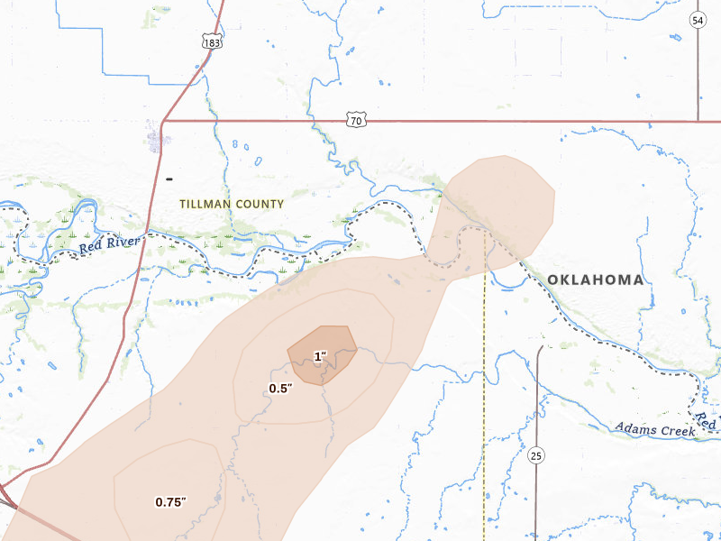 Radar-estimated hail-size map of the storm over Harrold, TX on Mar 10, 2026