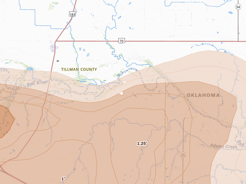 Radar-estimated hail-size map of the storm over Harrold, TX on Apr 1, 2026