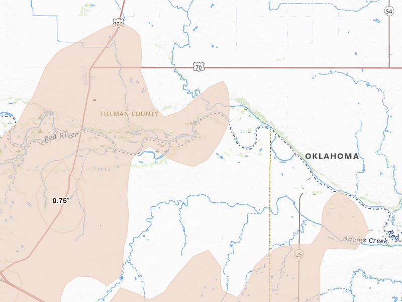 Radar-estimated hail-size map of the storm over Harrold, TX on Apr 14, 2026