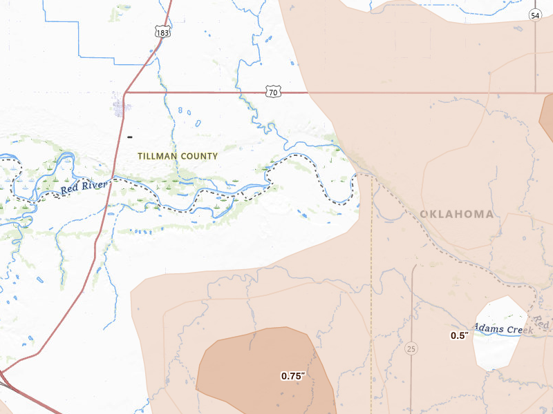 Radar-estimated hail-size map of the storm over Harrold, TX on May 8, 2026