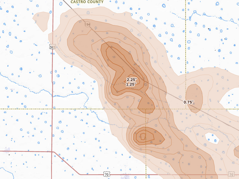 Radar-estimated hail-size map of the storm over Hart, TX on Jun 23, 2026