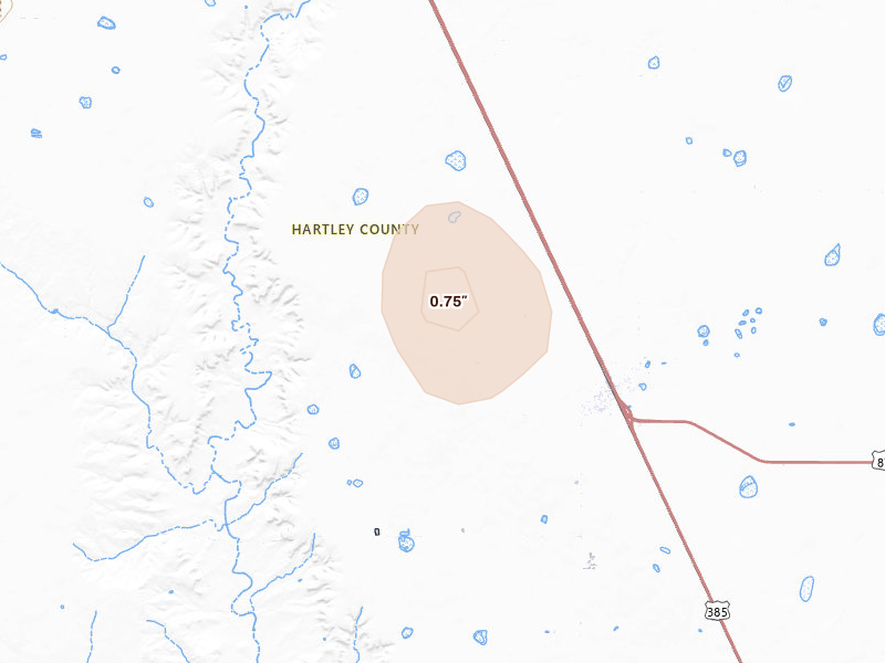 Radar-estimated hail-size map of the storm over Hartley, TX on Aug 16, 2026