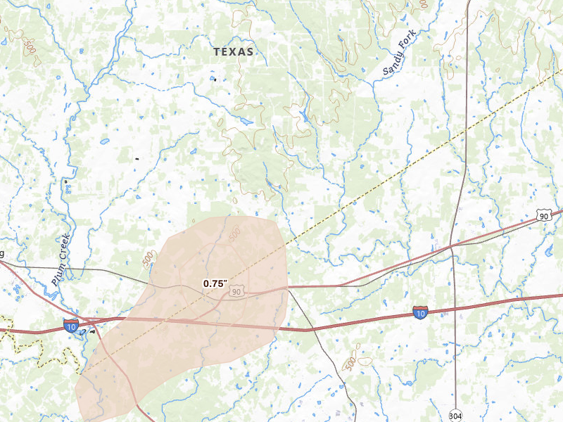 Radar-estimated hail-size map of the storm over Harwood, TX on Jun 2, 2026