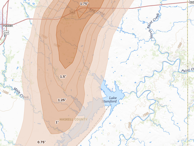 Radar-estimated hail-size map of the storm over Haskell, TX on Mar 10, 2026