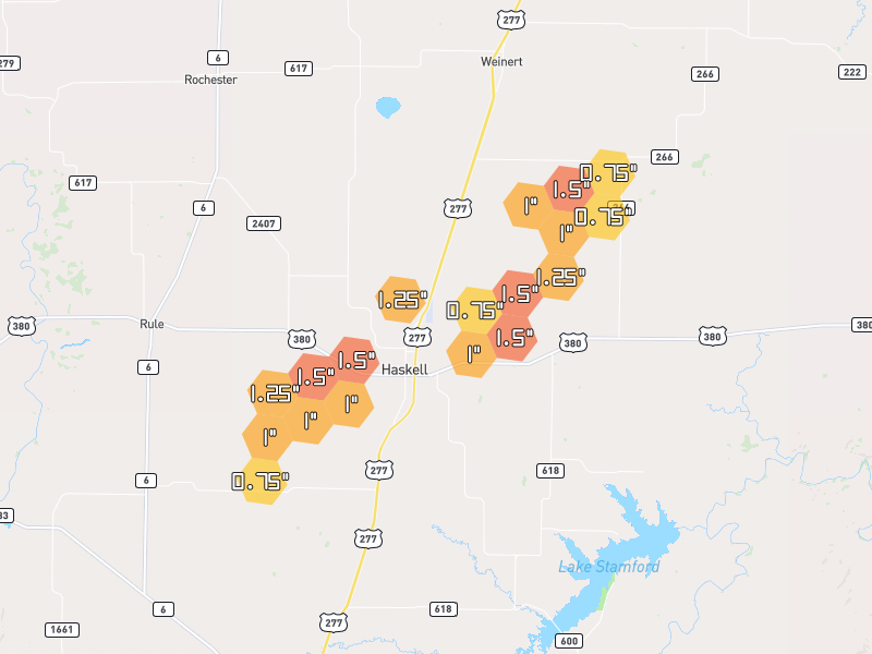 Hail map of Haskell, TX on Jul 5, 2026, hail up to 1.5"