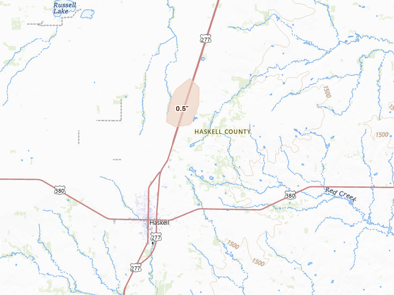 Radar-estimated hail-size map of the storm over Haskell, TX on Jul 19, 2026