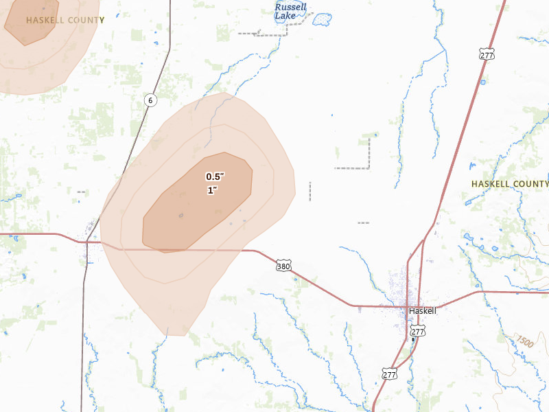 Radar-estimated hail-size map of the storm over Haskell, TX on Aug 27, 2026