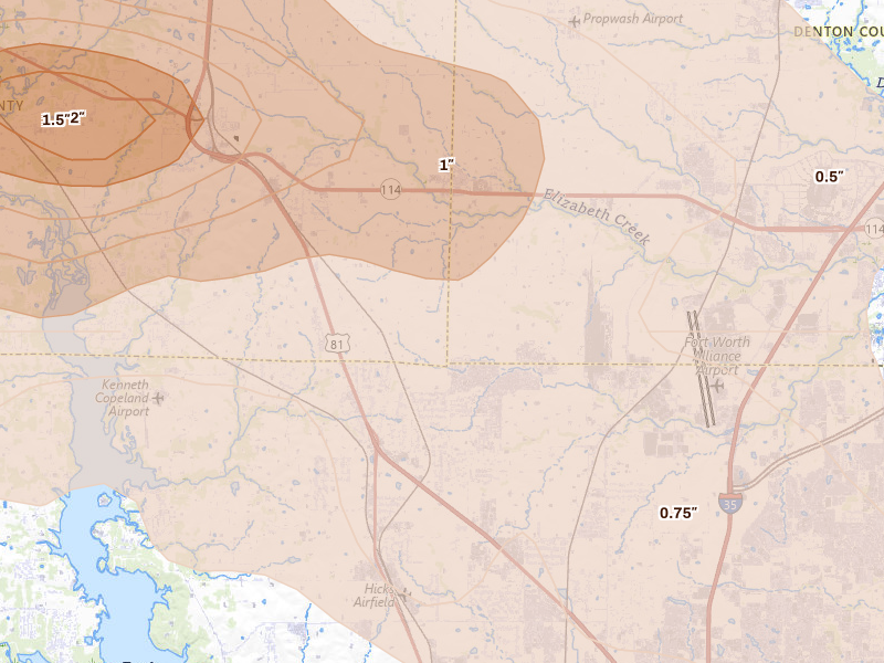 Radar-estimated hail-size map of the storm over Haslet, TX on Apr 28, 2026