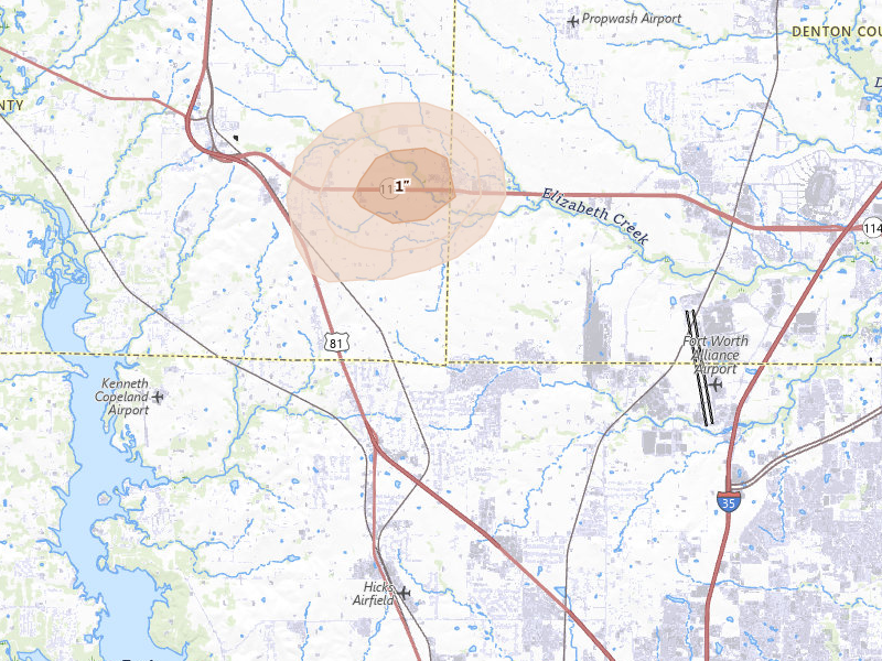 Radar-estimated hail-size map of the storm over Haslet, TX on May 25, 2026