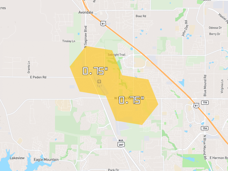 Hail map of Haslet, TX on Jun 2, 2026, hail up to 0.75"
