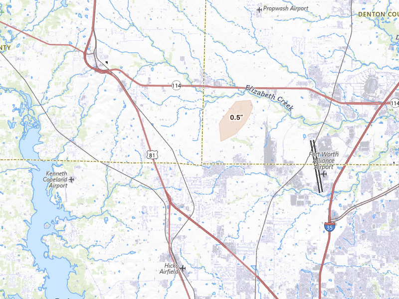 Radar-estimated hail-size map of the storm over Haslet, TX on Jul 19, 2026