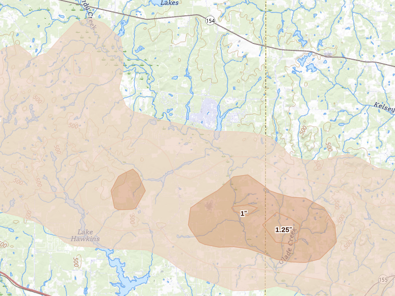 Radar-estimated hail-size map of the storm over Hawkins, TX on Mar 15, 2026