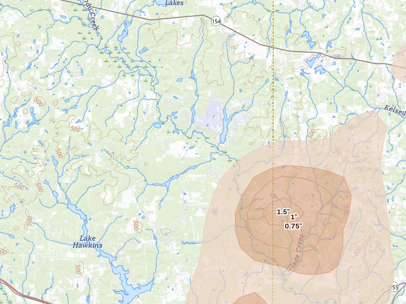 Radar-estimated hail-size map of the storm over Hawkins, TX on Jul 6, 2026