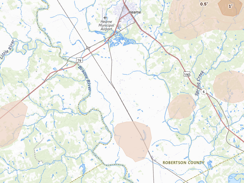 Radar-estimated hail-size map of the storm over Hearne, TX on Aug 28, 2026