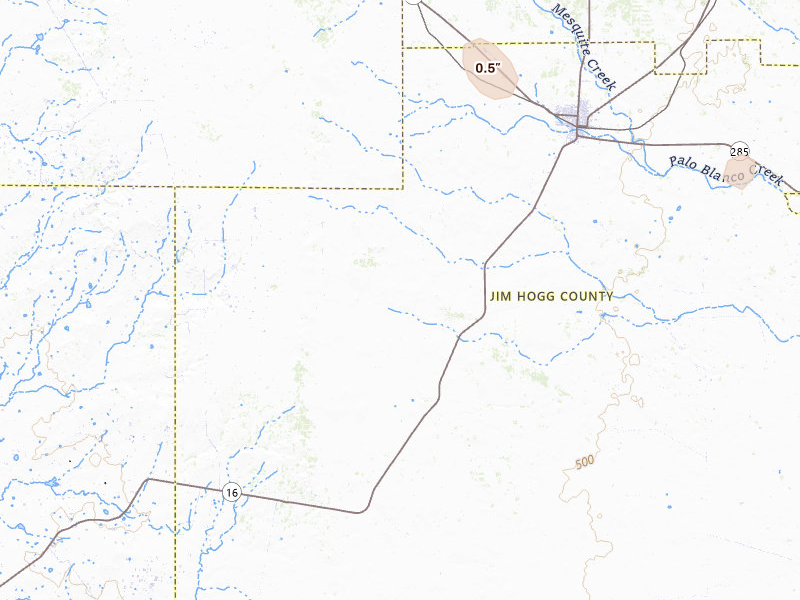Radar-estimated hail-size map of the storm over Hebbronville, TX on Jul 7, 2026